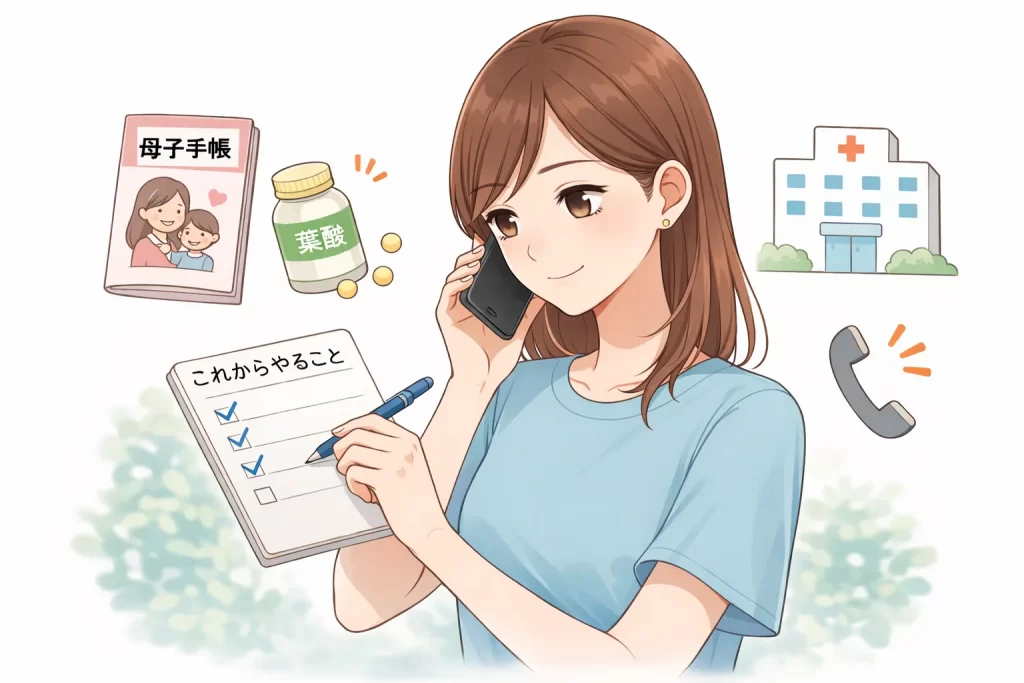 妊娠初期にやるべきことリストのイラスト。産婦人科の予約、母子手帳の申請、職場・家族への報告、葉酸の摂取、生活リズムの見直しの5項目。