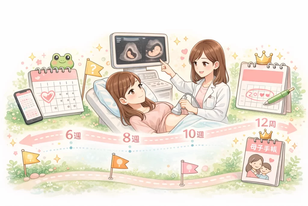 妊娠4週から11週までの出産予定日確定の流れを図解したイラスト。最終生理日からの暫定、妊娠8-11週のエコー(CRL測定)による確定、母子手帳への記載までのステップ。