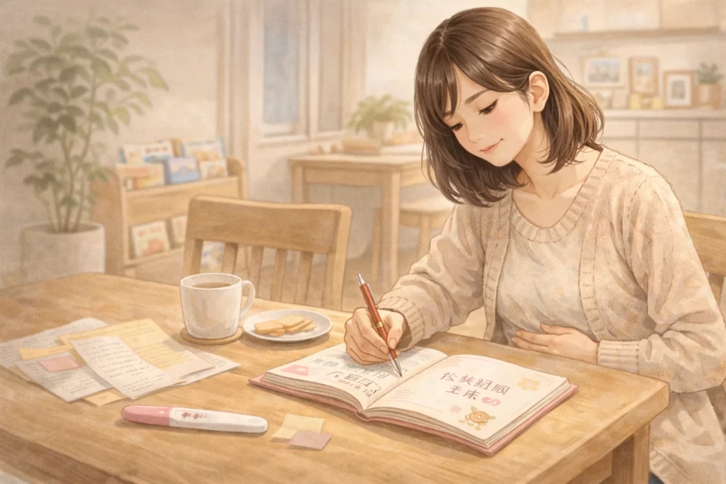 妊娠初期症状の体験を日記に書く女性のイラスト(兆候・フライング検査)