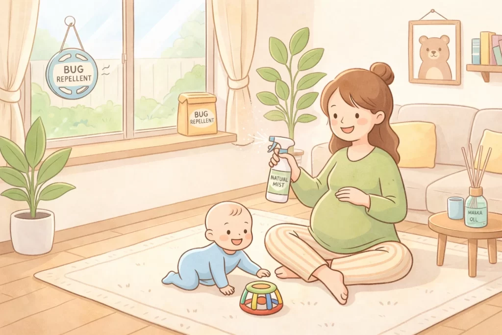 妊婦、赤ちゃん、虫よけ対策しているイラスト