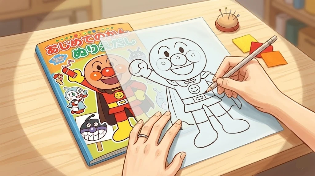 フェルトでアンパンマンのワッペンを手作りする母親と笑顔の子供のイラスト。テーブルには色とりどりのフェルトや裁縫道具が並んでいる。