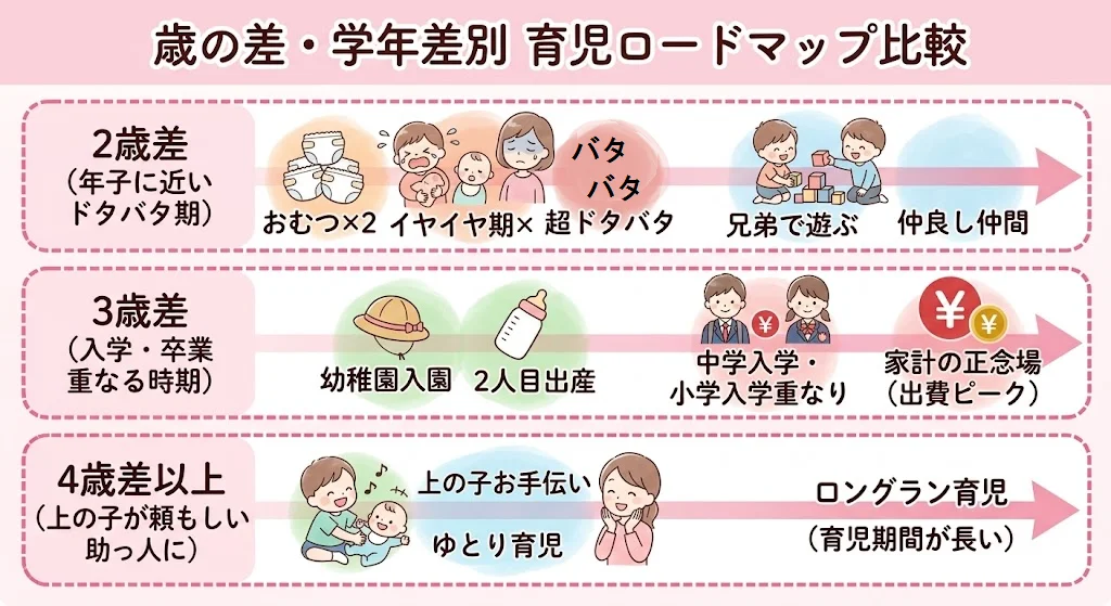 2歳差・3歳差・4歳差以上の学年差別育児ロードマップ比較図。上の子の誕生日から計算する妊活タイミング、イヤイヤ期と下の子の出産の重なり、中学・小学入学が重なる出費ピーク、上の子のお手伝いによるゆとり育児など、歳の差ごとのメリット・デメリットを可視化したインフォグラフィック。