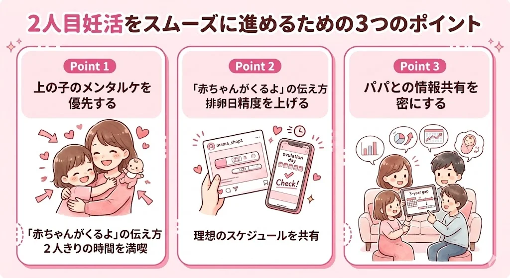 2人目妊活をスムーズに進めるための3つのポイント解説図。1.上の子のメンタルケア(2人きりの時間を満喫)、2.排卵日予測の精度向上(排卵検査薬の活用)、3.パパとの情報共有(カレンダーでのスケジュール同期)を可愛いイラストと日本語で解説したインフォグラフィック。